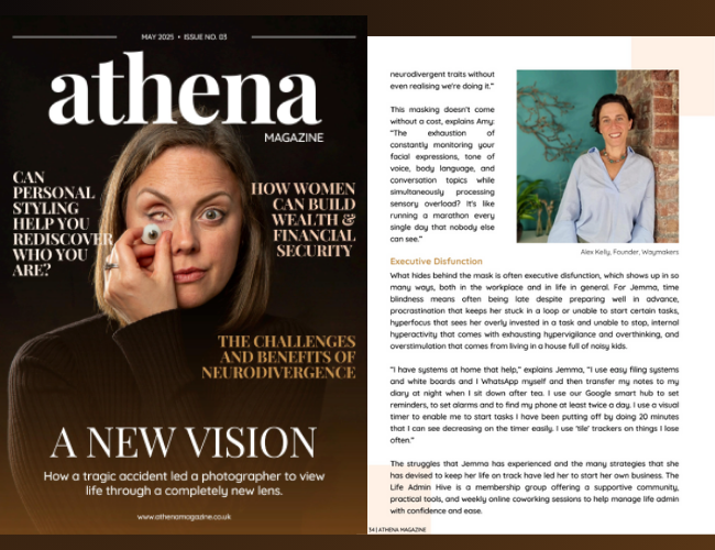 left hand side of the page is a woman with dark brown background holding a glass eye. right hand side is a picture of Alex Kelly from WayMakers CIC and writing